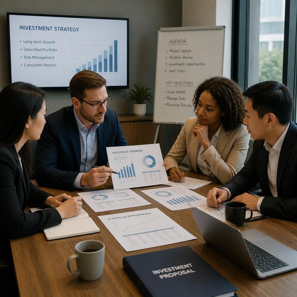 Reunión de equipo discutiendo documentos de inversión