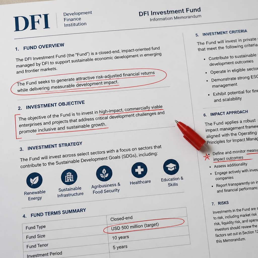 Documento DFI con secciones clave marcadas con bolígrafo rojo