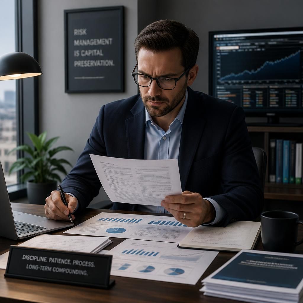 Inversor leyendo el DFI de un fondo de inversión en su oficina